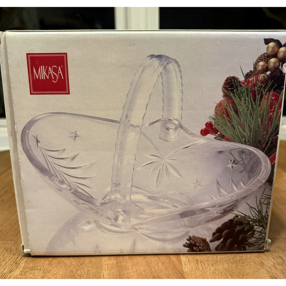Mikasa Holiday Evergreen Crystal Handled Basket Candy Bowl Vintage NIB Germany